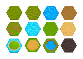isolated stylized hex fields, sand and water basic set