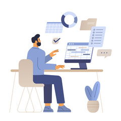 the manager works in the office. the analyst makes a plan at a computer with user interface windows.