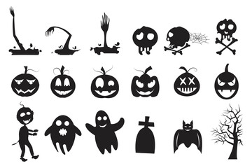 Sticker - Halloween celebration with pumpkin silhouette, ghost hand, boo, zombie, bat, grave and dry tree