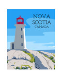 Fototapeta  - Peggy's cove Lighthouse Nova Scotia poster color vector graphic