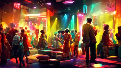 abstraction in the form of a club party with a container style under neon lighting. Generative AI