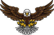 A Cartoon Bald American Eagle Mascot Swooping With Claws Out And Wings Outstretched Spread