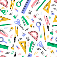 A modern seamless pattern of school supplies on a white background.