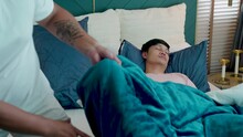 4K, The Gay Couple Was About To Lie On The Bed And The Other Put A Blanket On The Other, Then Hugged And Slept.The Love, And Friendship Of LGBTQ Couples.