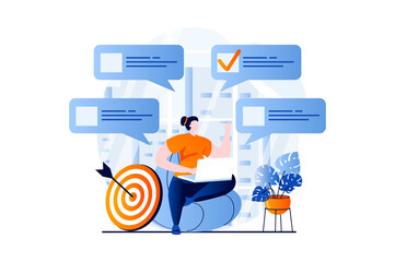 Wall Mural - online survey concept with people scene in flat cartoon design. woman answering test questions and c