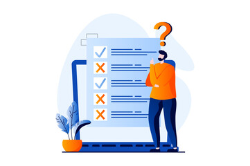 Fototapete - Online survey concept with people scene in flat cartoon design. Man thinking and fills out form of questionnaire, marking correct and incorrect answers. Illustration visual story for web