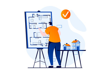 Poster - Real estate concept with people scene in flat cartoon design. Architect draws blueprint with plan in apartments for project for construction of new houses. Illustration visual story for web