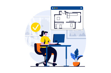 Poster - Real estate concept with people scene in flat cartoon design. Woman drawing plan for future apartment sitting at computer and plans to move to new house. Illustration visual story for web