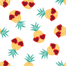 Seamless Pattern With Pineapples Wearing Red Heart Shaped Sunglasses