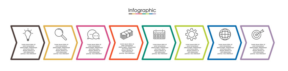 Wall Mural - Vector infographic template with eight steps or options. Illustration presentation with line elements icons.  Business concept design can be used for web, brochure, diagram, chart or banner layout.