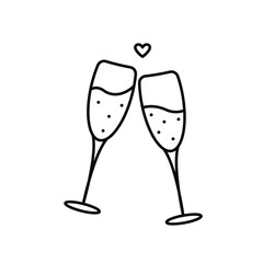 Two glasses with champagne isolated on white. Celebration toast. Vector simple icon