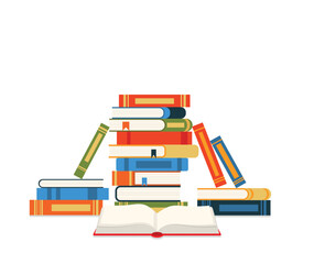 Canvas Print - Book stack. Huge pile of books and encyclopedias, education and success concept, university library, academic and school knowledge flat cartoon isolated on green illustration