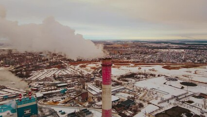 Wall Mural - Factory smokestack emissions, climate change and global warming for the environment concept. Aerial view