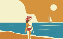 Vector Illustration Of A Beautiful Woman In A Hat In Retro Style On The Seashore. Vacation Or Relaxation.
