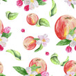 Seamless pattern with delicate flowers, green leaves and an apple. Watercolor background of flowers and fruits for textiles, wallpaper, packaging, office and bed linen.