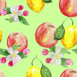 Seamless pattern with delicate flowers, green leaves, lemon and apple. Watercolor background of flowers and fruits for textiles, wallpaper, packaging, office and bed linen.