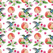 Seamless pattern with delicate flowers, green leaves, hummingbird and apple. Watercolor background of flowers and fruits for textiles, wallpaper, packaging, office and bed linen.