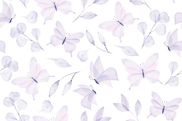  Watercolor butterfly and flowers seamless pattern hand drawn