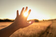 Leinwandbild Motiv Persons hand in nature reaching out to touch the warm sun light. Spiritual, light, healing energy concept