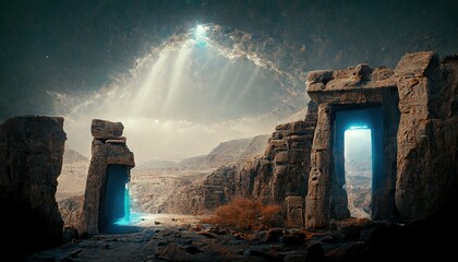 Raster illustration of portal in ancient stone structures in the middle of the desert. Portal to another world, ancient egypt, magic, mysticism, beam of light from heaven. 3D artwork background