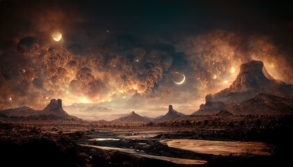 Poster - Raster illustration of desert planet with alien objects in the sky. Volcano, smoke, lava, eruption, satellites of the planet, parallel worlds, science fiction, lifeless wasteland. 3D rendering