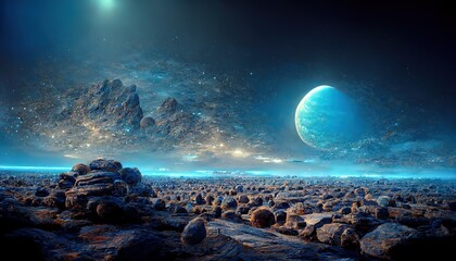 Poster - Raster illustration of Underwater landscape. Uninhabited planet, wasteland, sea, pitfalls, big blue planet in the sky over water, Venus, astronomy. Science fiction concept. 3D rendering artwork
