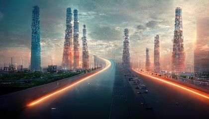 Poster - Raster illustration of road in metropolis with huge skyscrapers. Neon red light along the road, car traffic, towers with city lights, cloudy sky, technologies, buildings. Future concept. 3D rendering