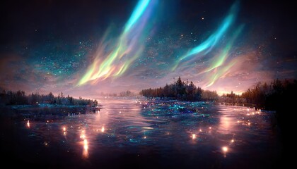 Sky shine over lake surrounded by forest. Night landscape, northern lights reflecting in water, science fiction, beautiful nature, colorful sparks. Magic realism concept. 3D rendering illustration