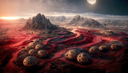 Poster - Raster illustration of uninhabited planet with flowing lava. Mountain peaks, rocks, desert, science fiction, astronomy rock formations of stones, shining stars. Science fiction concept. 3D artwork
