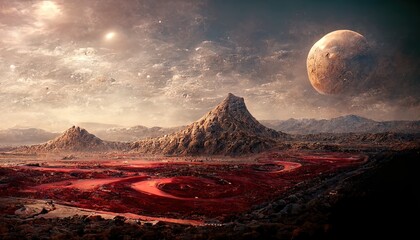 Poster - Raster illustration of uninhabited planet with flowing lava. Mountain peaks, falling meteorite, desert, science fiction, astronomy rock formations of stones. Science fiction concept. 3D artwork