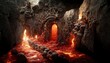 Leinwandbild Motiv Raster illustration of beautiful cave in the rock. Hot cave due to magma and volcano, volcanic eruption, portal to the underworld, deep dungeon, descent to hell, throne. 3D rendering artwork