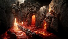 Raster Illustration Of Beautiful Cave In The Rock. Hot Cave Due To Magma And Volcano, Volcanic Eruption, Portal To The Underworld, Deep Dungeon, Descent To Hell, Throne. 3D Rendering Artwork