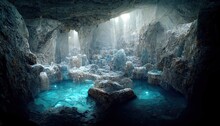 Raster Illustration Of Underground Lakes In A Marble Cave. Crystal Clear Water, Spring, Rocks, Mountains, Underground, Water Source, Dungeon, Subterranean, Natural Beauty. 3D Rendering Background