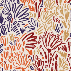  Vector hand drawn floral seamless pattern. Dry brush style botanical backdrop. Boho colors repeatable backdrop.