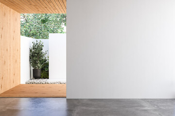 Minimalist empty room with white background, wooden ceiling and wall, concrete floor, garden view, cozy home. Copy space area for office and living rooms. 3d rendering