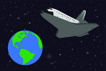 Wall Mural - flying space shuttle close to the earth planet of solar system. vector illustration. elements of thi