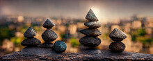 Pyramid-shaped Stone Piles. Zen Balance, Minimalism, Harmony And Peace. Selective Focus. AI Generated Paint