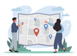 © Rudzhan - Man and woman with map. Logistics and international trade, characters build route for delivery of goods. Online shopping, navigation and geolocation, address. Cartoon flat vector illustration