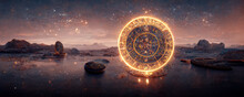 Backdrop Of Sacred Zodiac Symbols, Astrology, Alchemy, Magic, Sorcery And Fortune Telling. AI-generated Digital Painting.