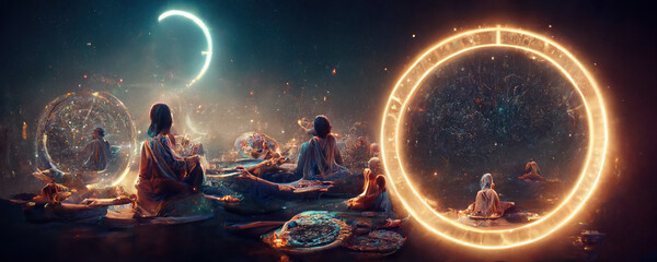 backdrop of sacred zodiac symbols, astrology, alchemy, magic, sorcery and fortune telling. ai-genera