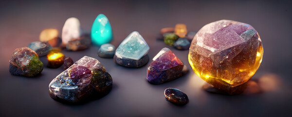 Crystals and Minerals from Gemstones Esoteric spiritual practice. Feng Shui, reiki therapy concept. AI generated image.