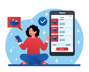 Poster - order food concept. woman with smartphone in her hands buys food in cafe or restaurant. modern servi
