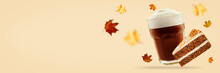 Orange Autumn Background With Hot Chocolate Or Coffee And Sweets, Like Cake; Cookies And Donut