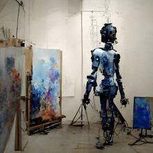 Anthropomorphic Robot Artist In The Studio Next To The Easel, Painting And Paints While Working - Neural Network Generated Art, Picture Produced With Ai From Scratch