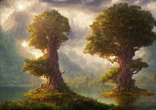 Beautiful Fantasy Land With Giant Trees Surrounded By The Lake