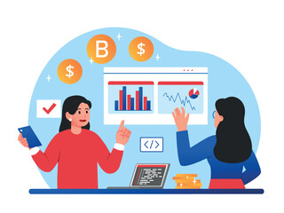 Poster - cryptocurrency trading concept. girls evaluate growth of bitcoin, investors choose currency for inve