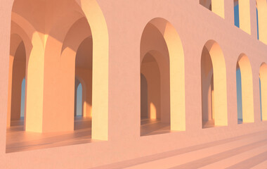 Leinwandbilder - 3d rendering. Arch hallway geometric background, architectural corridor, arch columns, empty wall. ancient housing Banner for travel presentations