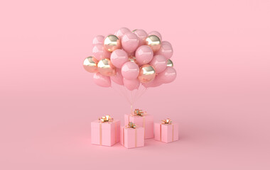 Canvas Print - 3d render illustration of realistic pink and golden balloons and gift box with bow. background. Empty space for party, promotion social media banners, posters.