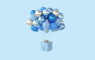 Wall Mural - 3d render illustration of realistic blue and golden balloons and gift box with bow. background. Empty space for party, promotion social media banners, posters.