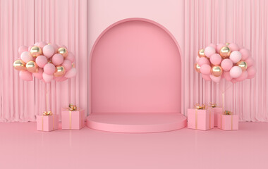 Wall Mural - Wall scene with arch, balloons, present box, curtains, podium. 3D rendering interior. Platform for product presentation, mock up background.